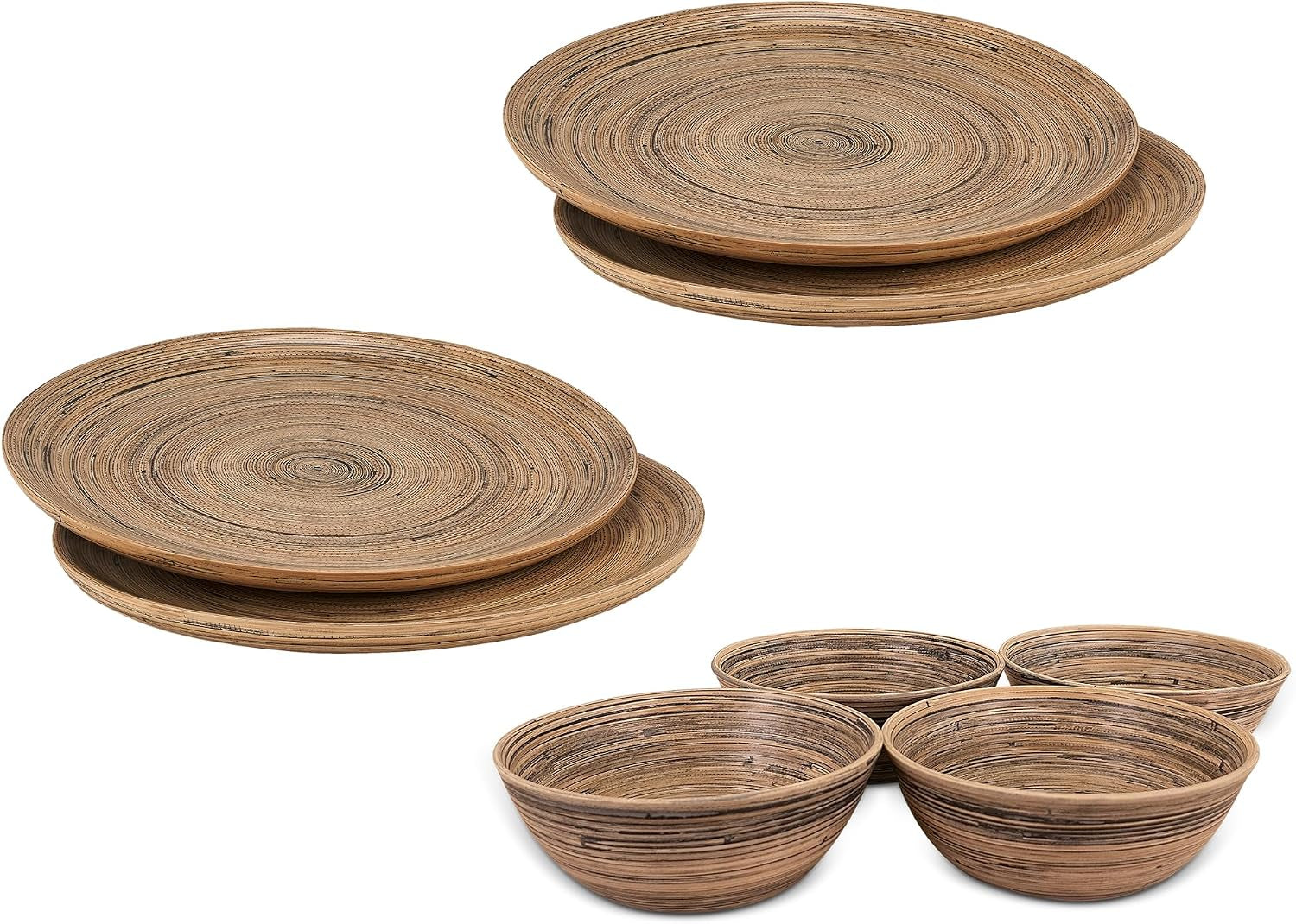 8-Piece Handcrafted Bamboo Plate & Bowl Set, Four 12” Serving Plates and Four 8” Bowls, Spun Bamboo Dinnerware for Everyday Meals, Entertaining & Home Décor (Black)