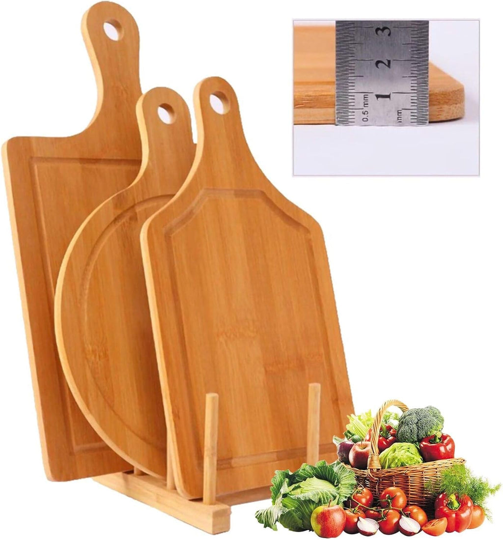 Bamboo Cutting Board Set 3Pcs,Meat Chopping Boards,Pizza Peel Paddle with Handle for Homemade Baking Pizza Bread Cake Fruit Vegetables (3PCS Set- Board)