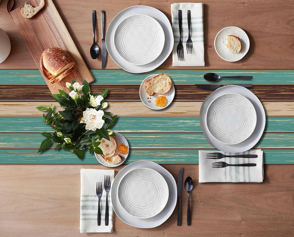 Cotton Burlap Farmhouse Table Runner with 6 Placemats,Blue Teal Heat-Resistant Set for Kitchen Coffee Table Party Banquet Decor(1 Table Runner 72 Inches Long and 6 Placemats)