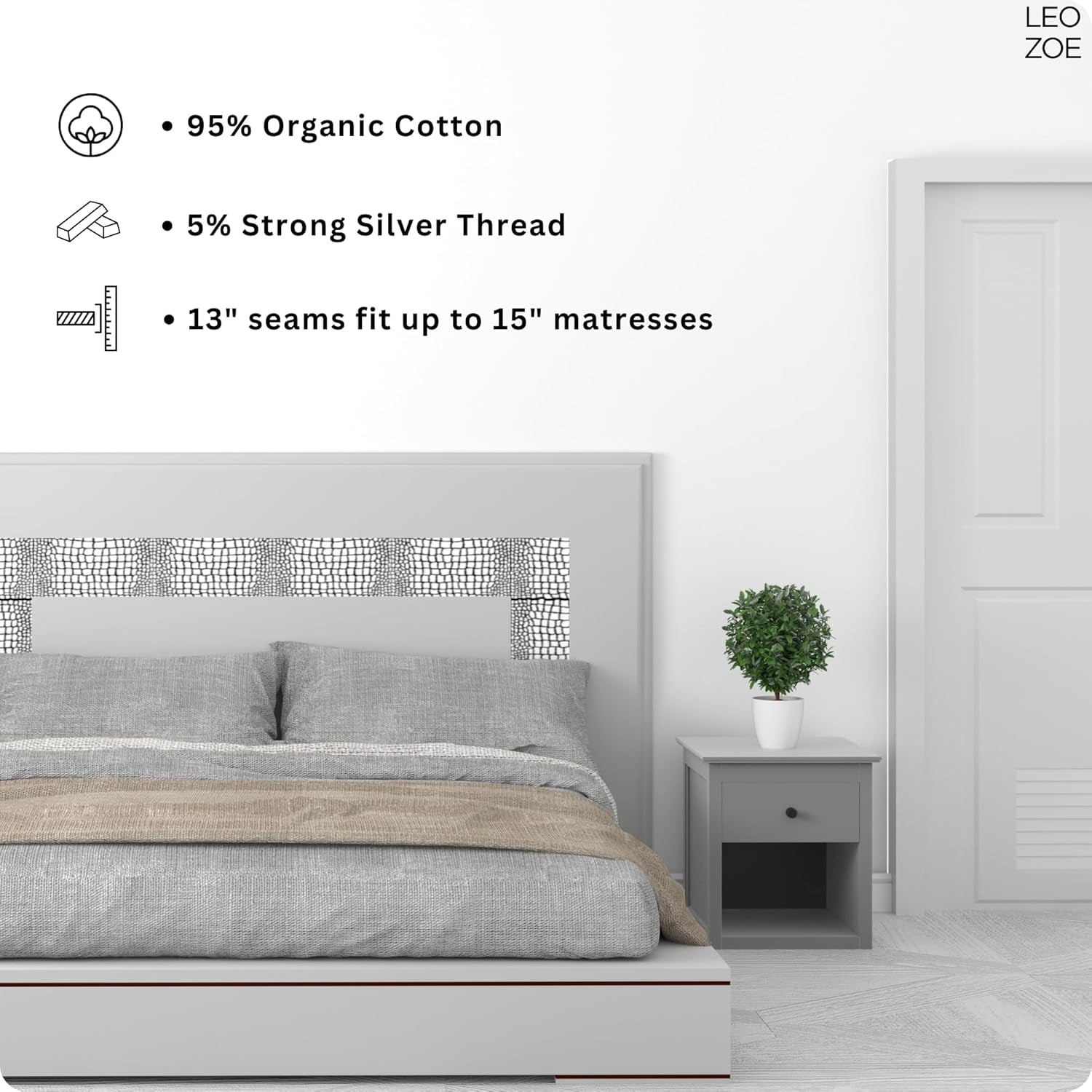 Premium Fitted Grounding Sheet - Gray, Queen (60"X80"), 95% Organic Cotton, 5% Silver Thread, 15' Upgraded Earthing Cord, for Better Sleep & Wellness with Holistic Alignment