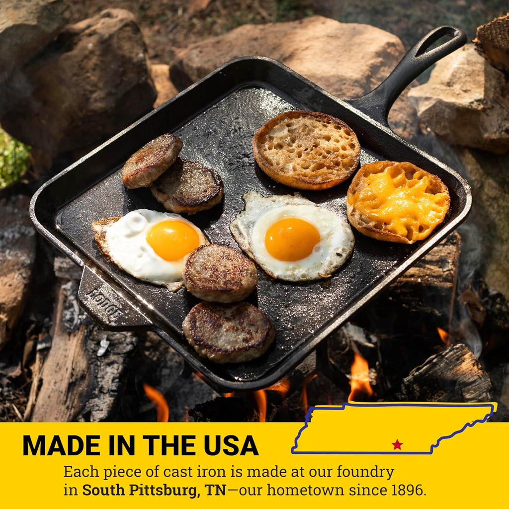 Seasoned Cast Iron Square Griddle - 11 Inches - Durable Pan - Cast Iron Cookware for Pancakes, Eggs, Bacon & Grilling Favorites
