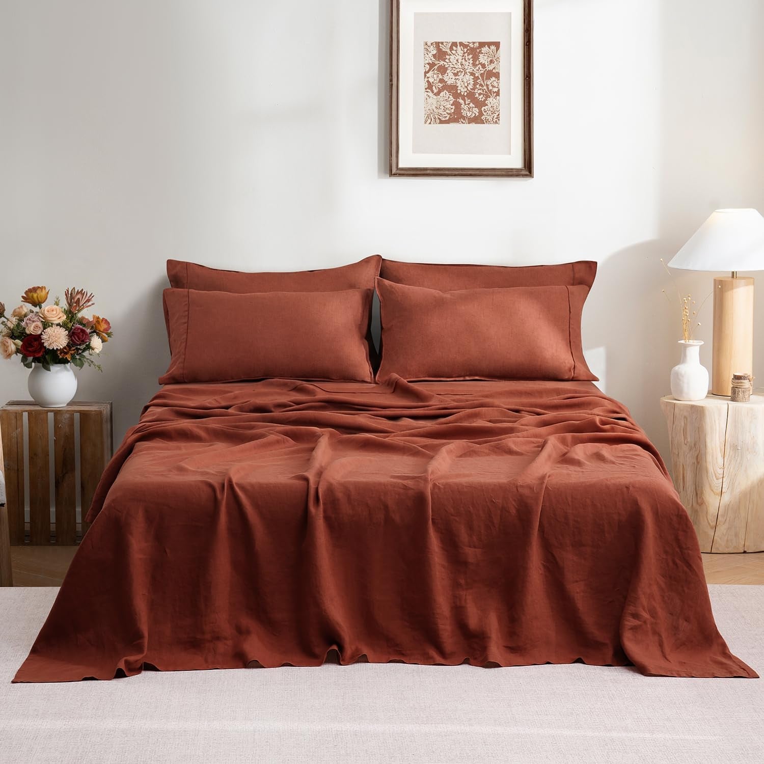 100% Organic Linen Sheets Set Twin XL Size,Stone Washed French Natural Flax Bedding 3PCS(1 Pillowcase,1 Fitted Sheet,1 Flat Sheet) GOTS Certified,Ultra Soft Bedding Set,Burgundy