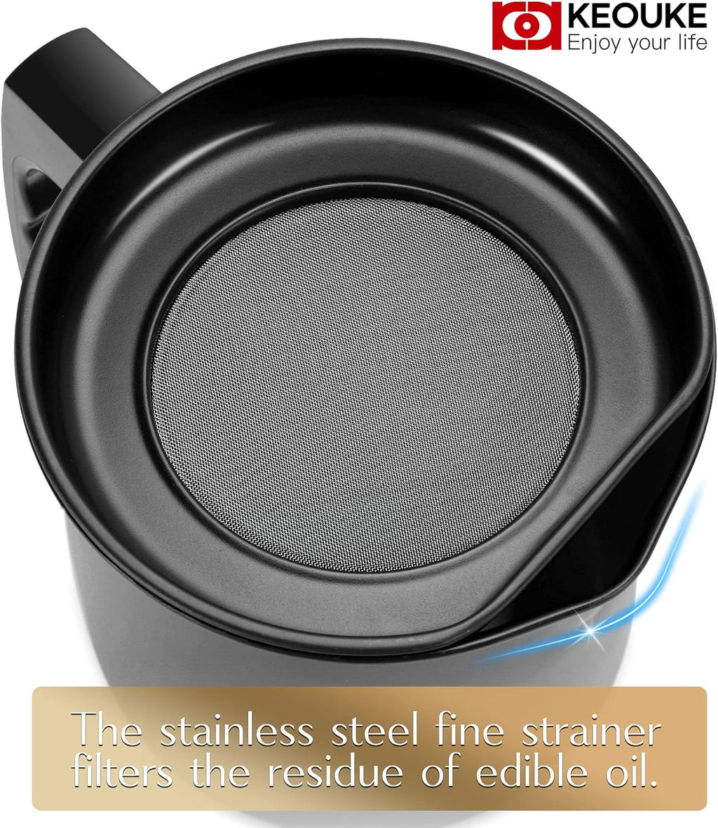 Bacon Grease Container with Strainer - 1.3L / 5.2 Cups Oil Storage Holder Can for Cooking, Frying with Replaceable Cleaning Brush