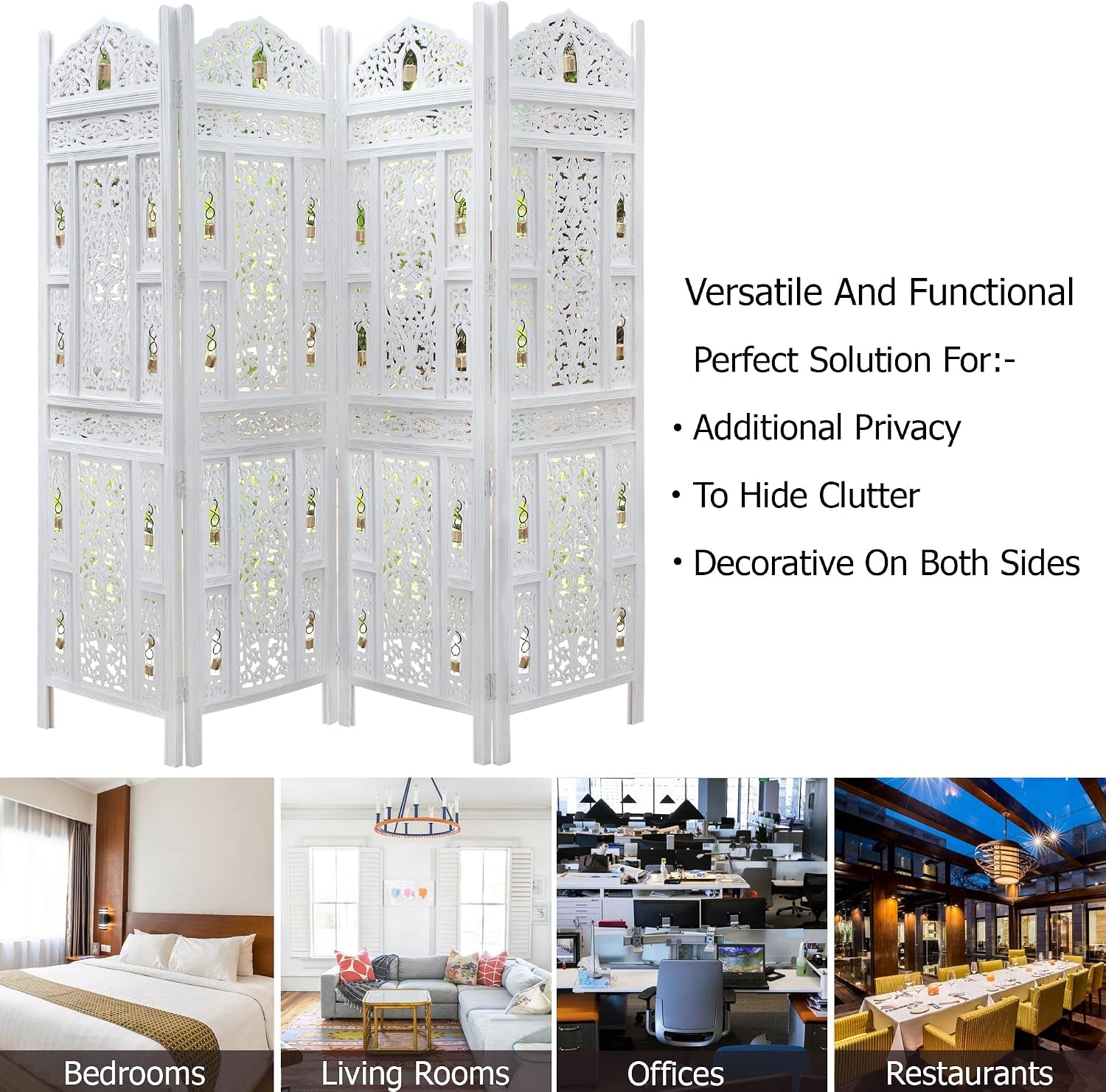 Room Divider Wood Screen - Ghanti Bells Antique White - 4 Panel Folding 72 X 80 - Assembled Hand Carved Decorative Functional Versatile Portable Partition Reversible Privacy Boho -