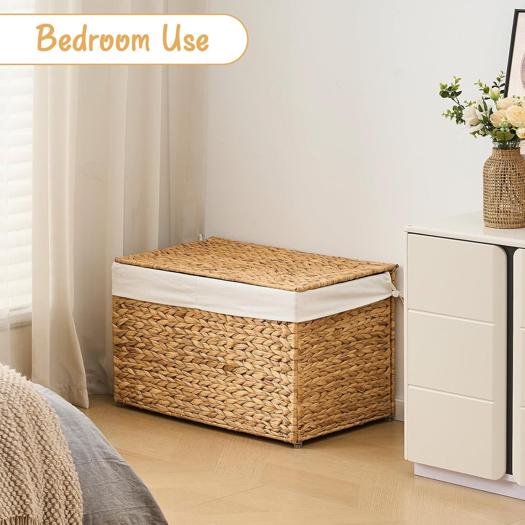 GENHOOM Storage Basket with Lid, Woven Wicker Shelf Basket with Removable Liner, Metal Frame Rattan Storage Trunk with Handle for Laundry, Bedroom, Living Room, Office (Natural, 95L)