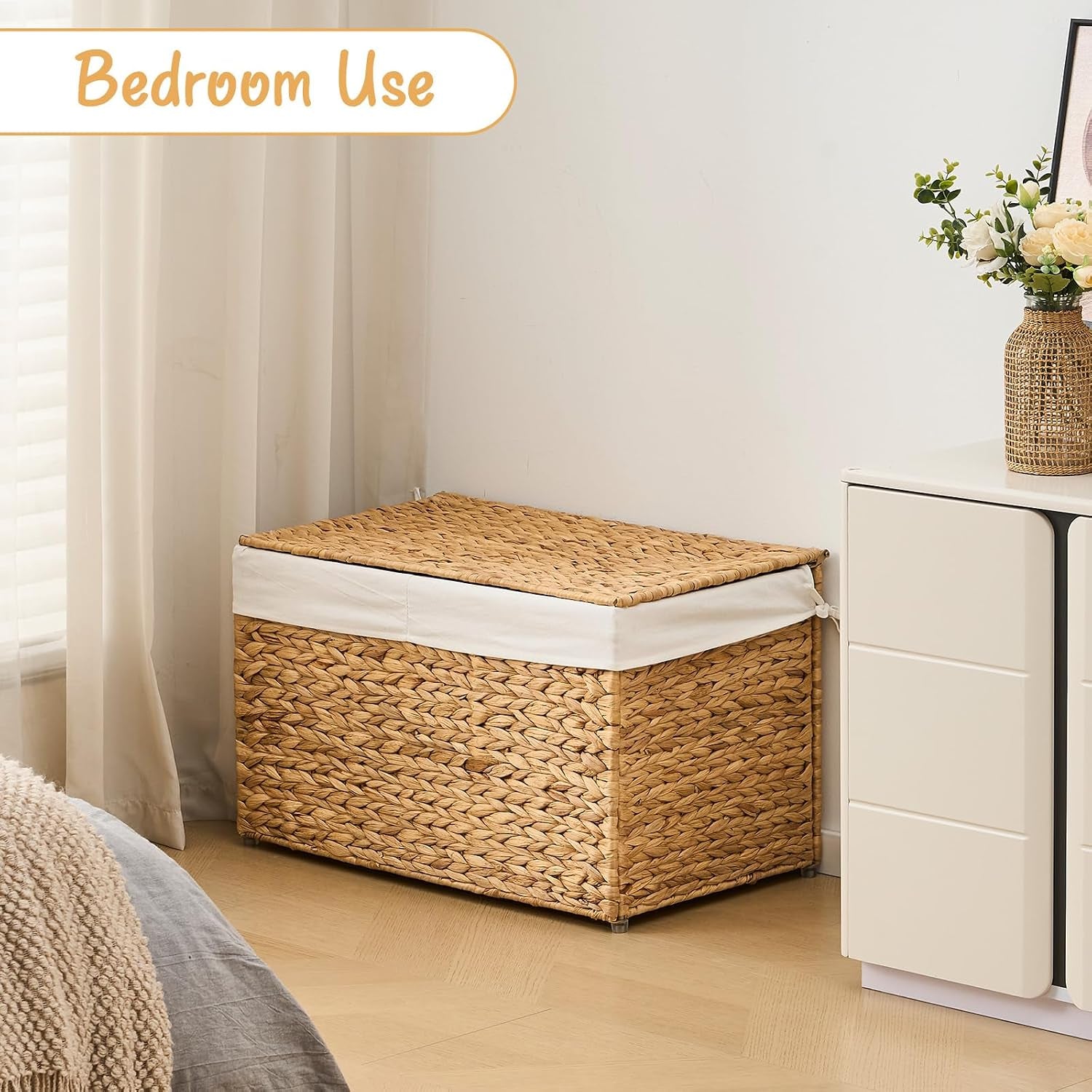 GENHOOM Storage Basket with Lid, Woven Wicker Shelf Basket with Removable Liner, Metal Frame Rattan Storage Trunk with Handle for Laundry, Bedroom, Living Room, Office (Natural, 95L)