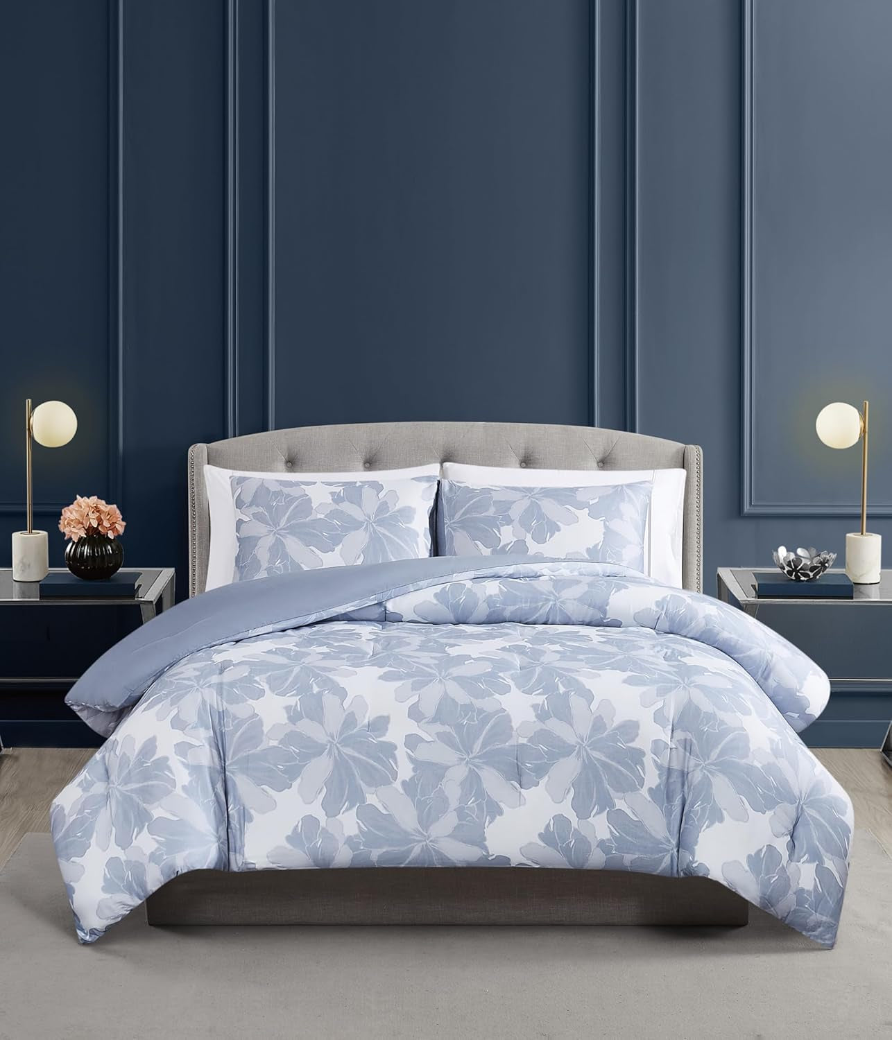 Vince Camuto Organic Floral 100% Cotton 3 Piece Full/Queen Comforter Set in Blue, All Season, Adult Size, Oeko-Tex Certified