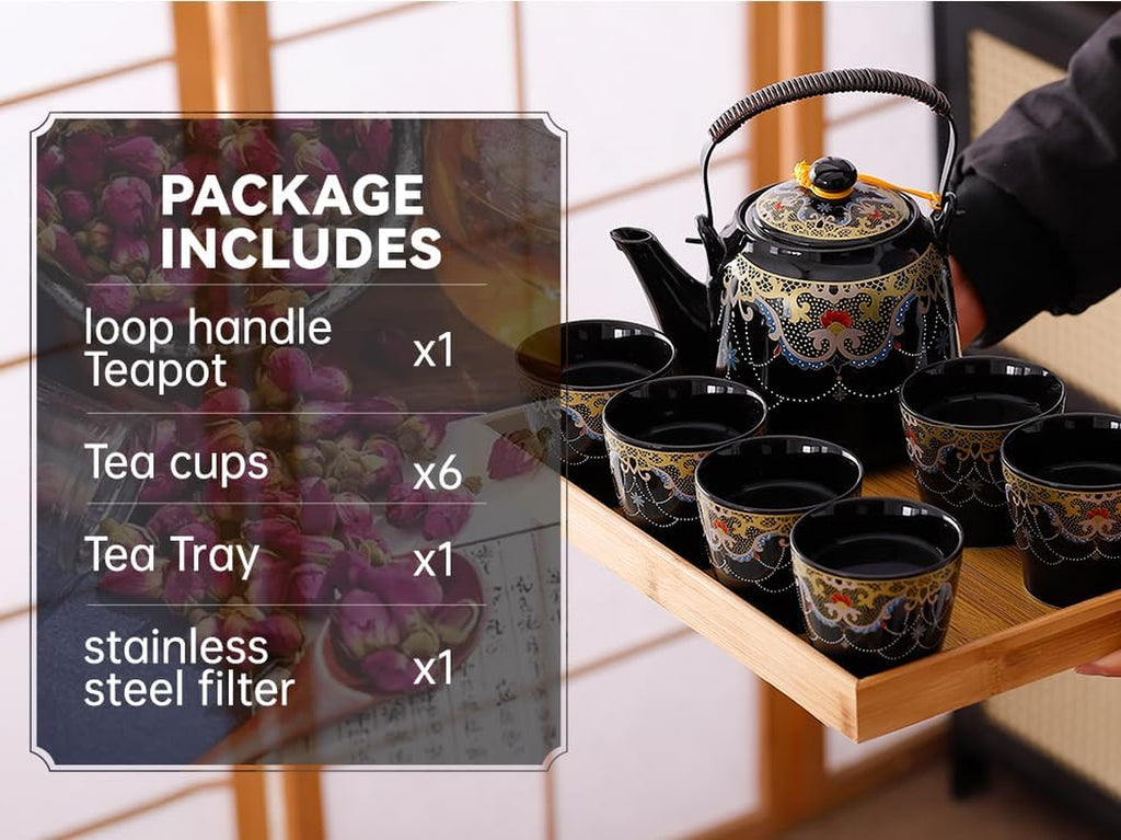 Japanese Tea Set for Adults, Japanese Teapot Set with 1 Teapot (32Oz/920Ml), 6 Tea Cups (4.5Oz/130Ml), 1 Tea Tray, 1 Stainless Infuser, Kiln Altered Glaze Porcelain Tea Set (Jeweled Necklace)