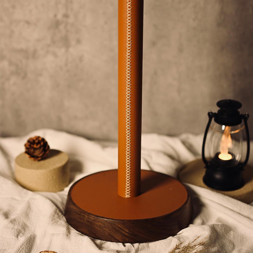 Paper Towel Holder for Kitchen Countertop - Designer Walnut Wood and Leather Stand with Stabel Base, Modern Organizer for Bathroom