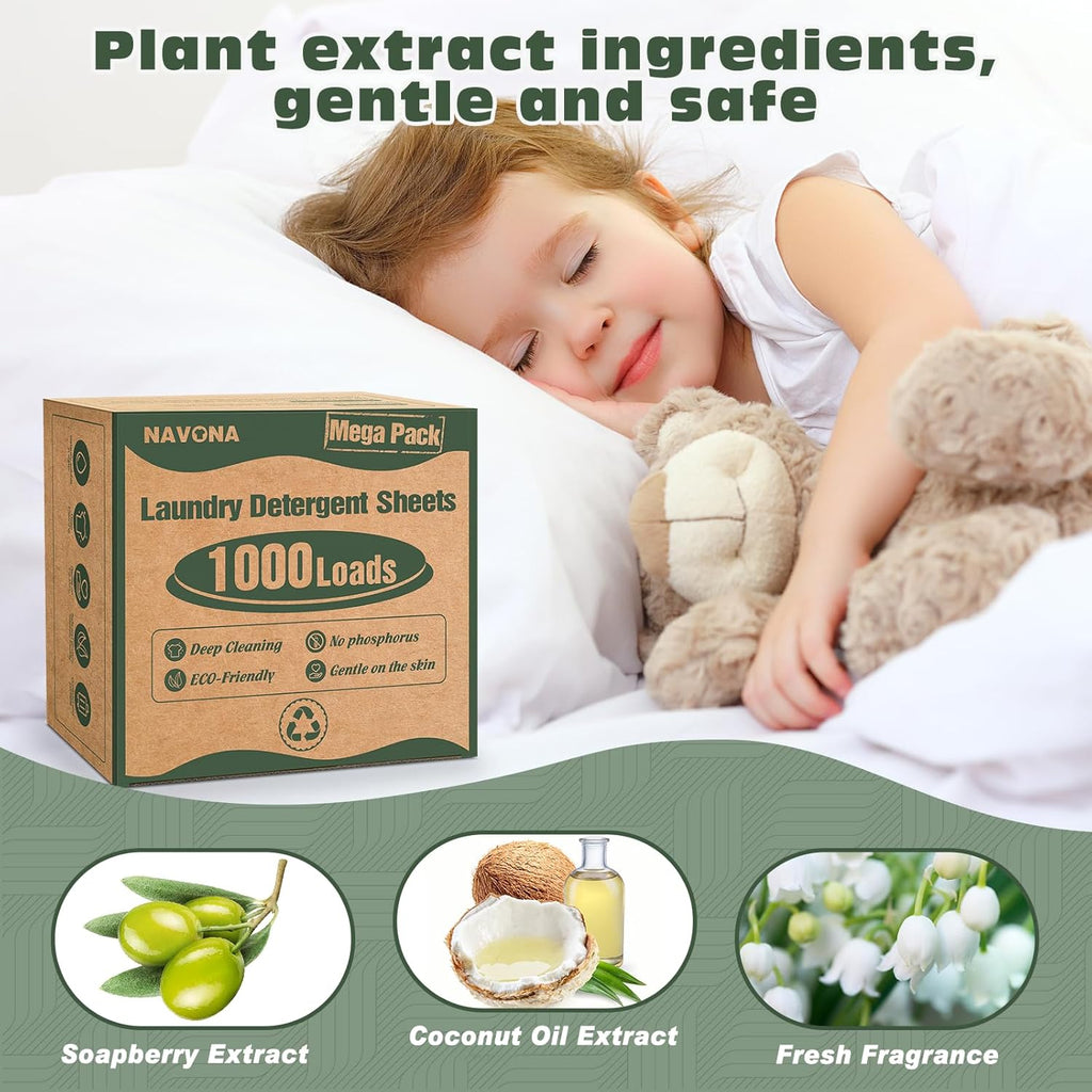 1000 Loads Mega Pack Laundry Detergent Sheets, Eco-Friendly Laundry Sheets, Powerful Cleaning, Suitable for Homes, Dorms, and Apartments - [Fresh Scent]