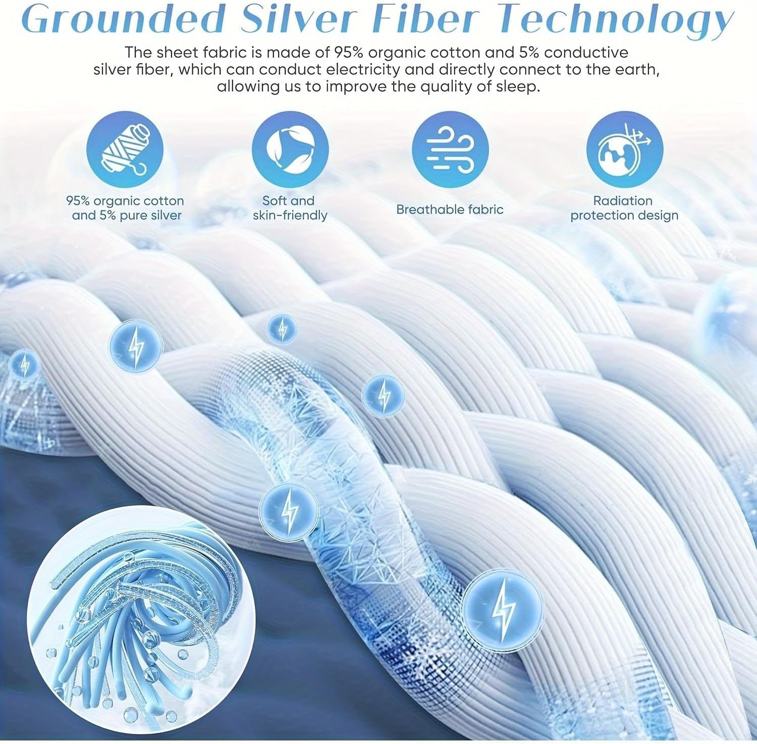 Grounding Sheets Queen Size, 95% Organic Cotton + 5% Silver Fiber, Earthing Bed Sheet with Cord - Premium Soft Breathable Fitted Sheet for Better Sleep, Deep Pocket (Gray)
