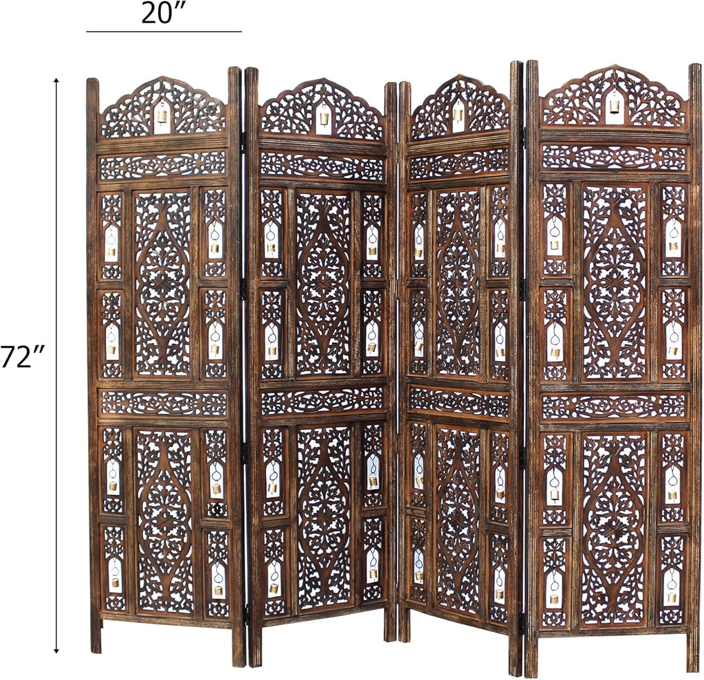 Room Divider Wood Screen - Ghanti Bells Antique Brown - 4 Panel Folding 72 X 80 - Assembled Hand Carved Decorative Functional Versatile Portable Partition Reversible Privacy Boho -