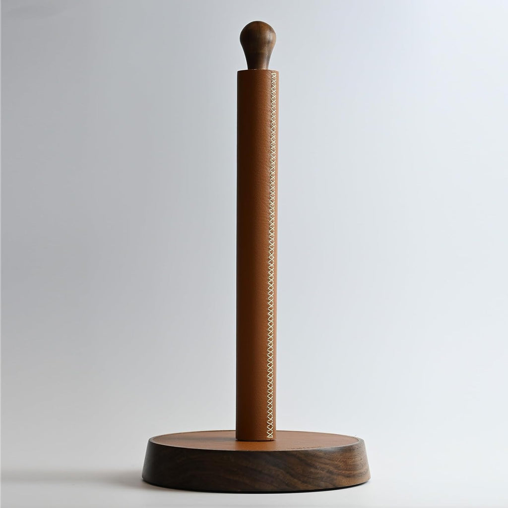 Paper Towel Holder for Kitchen Countertop - Designer Walnut Wood and Leather Stand with Stabel Base, Modern Organizer for Bathroom
