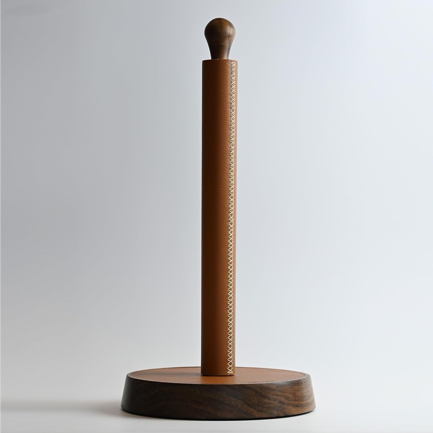Paper Towel Holder for Kitchen Countertop - Designer Walnut Wood and Leather Stand with Stabel Base, Modern Organizer for Bathroom