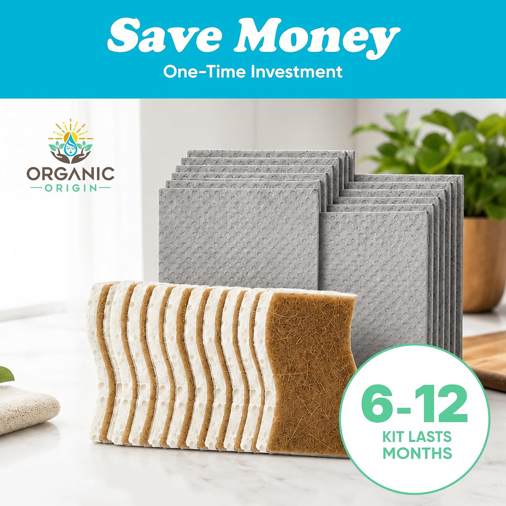 Organic Origin Swedish Dishcloths & Plant-Based Sponges - Absorbent 12 Swedish Dishcloths and 12 Plant-Based Sponges - Reusable Paper Towels & Cellulose Scrubber Set for Kitchen Cleaning (24 Pack)