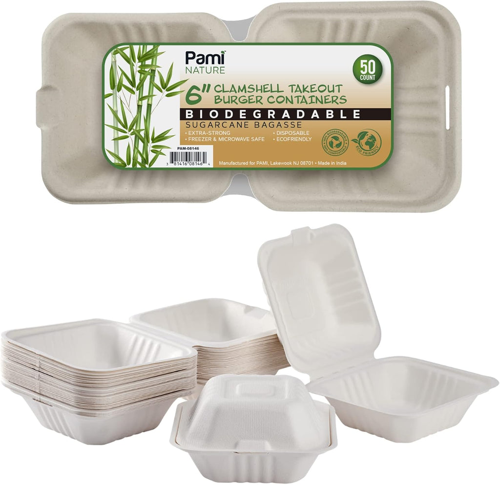 50-Pack 6X6 Biodegradable Bento Box Hamburger Containers, Compostable Small Take Out Boxes Made from Sugarcane Fibers