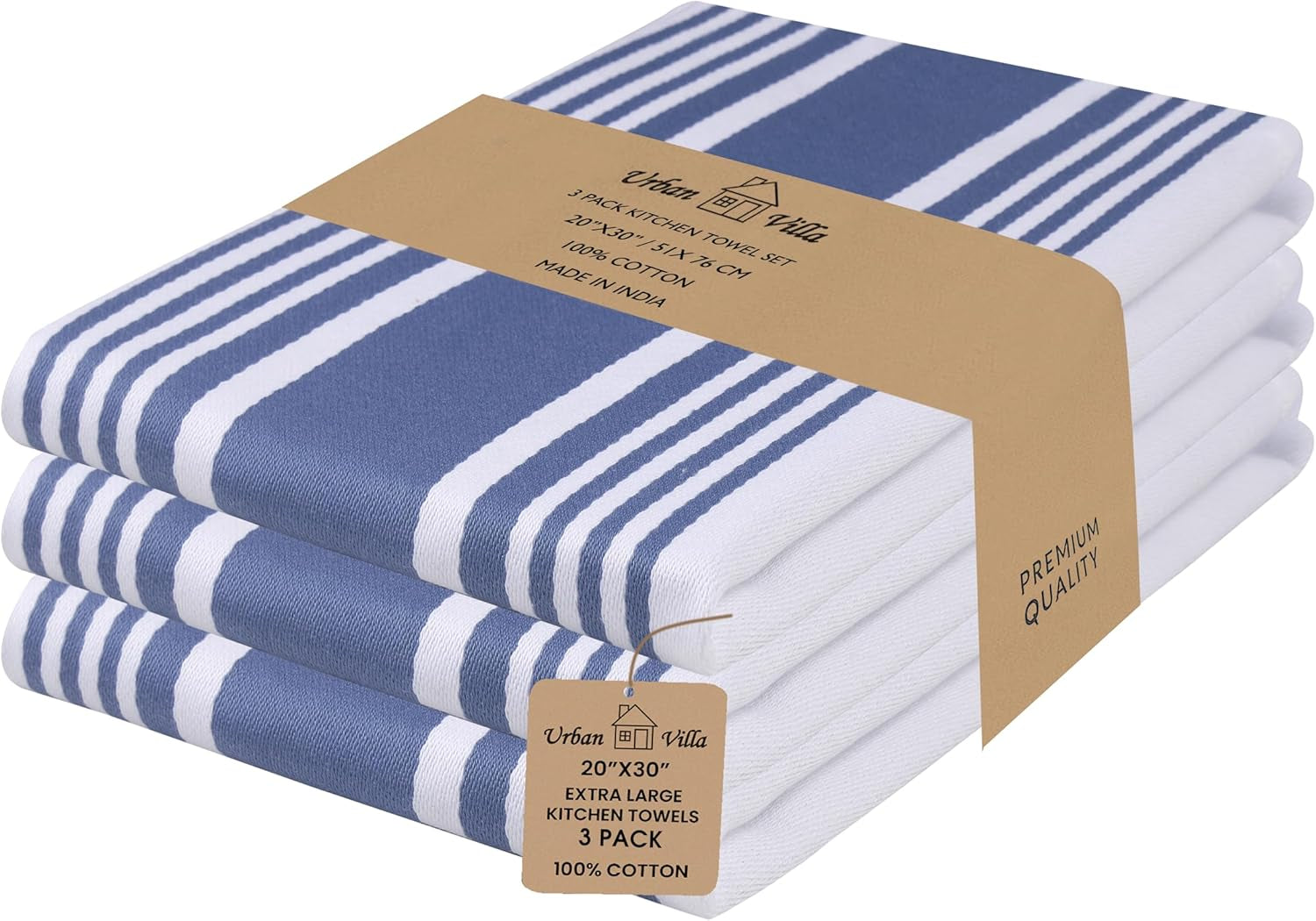 Kitchen Towels 100% Cotton Dish Towels for Kitchen (Set of 3) 20”X30” Dish Cloths Highly Absorbent Kitchen Linen Set with Hanging Loop Perfect for Drying Dishes Cleaning Towels-Blue White