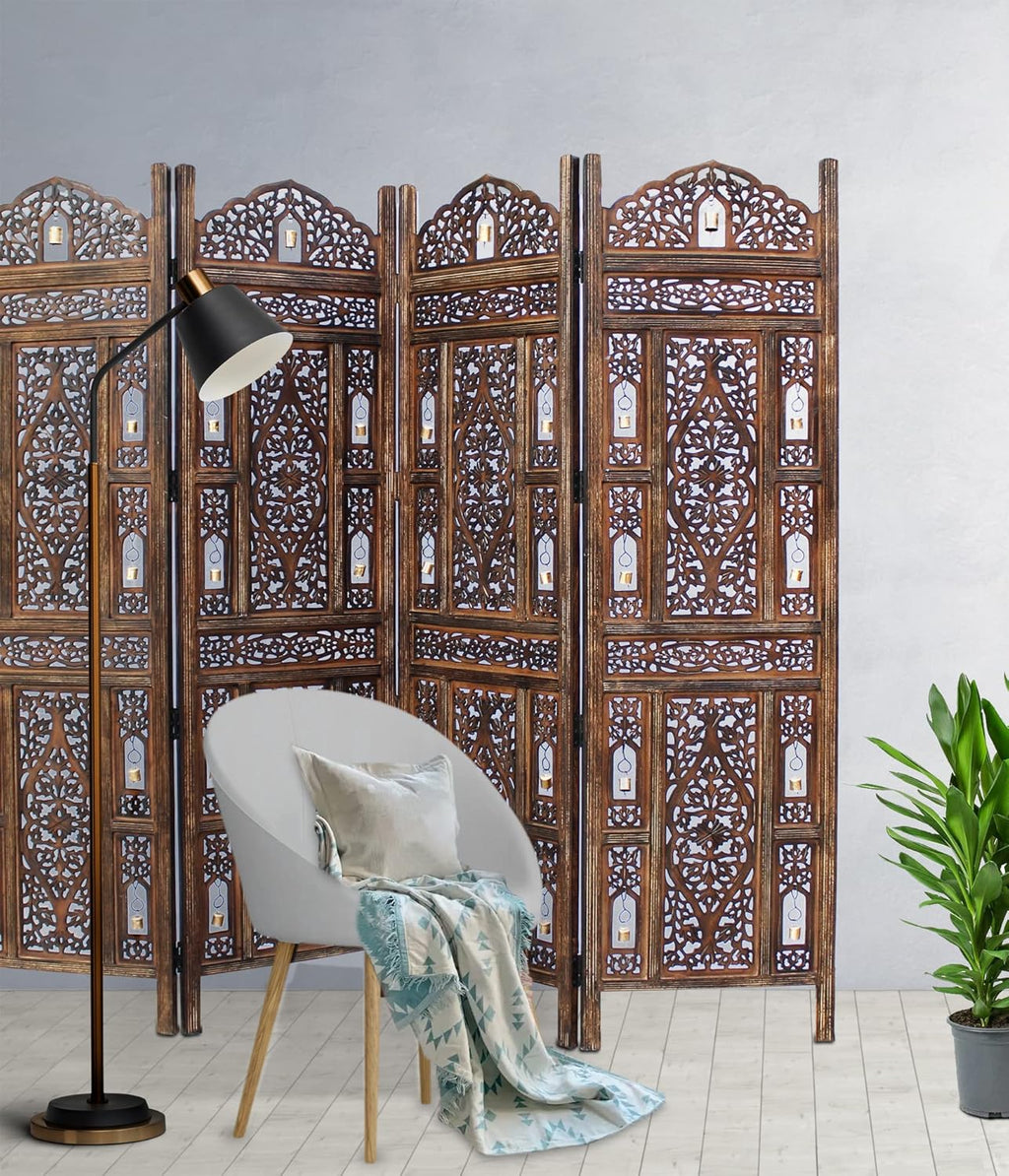 Room Divider Wood Screen - Ghanti Bells Antique Brown - 4 Panel Folding 72 X 80 - Assembled Hand Carved Decorative Functional Versatile Portable Partition Reversible Privacy Boho -