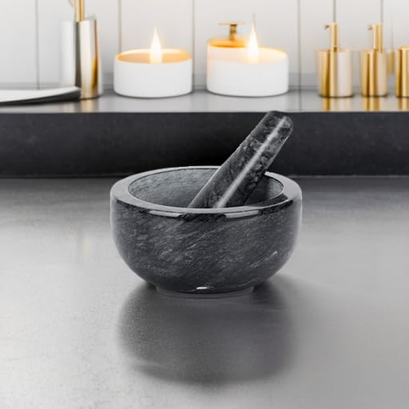 Marble Mortar and Pestle Set Large Solid Stone Grinder Spice Herb Grinder Pill Crusher (Black, Diameter 5.5")