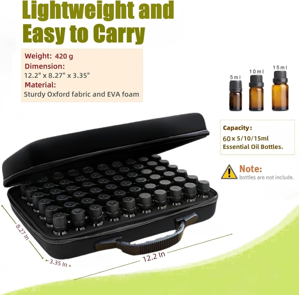 60 Bottles EVA Essential Oils Organizer, Hard Shell Essential Oil Storage Carrying Case, Essential Oils Holder Traveling Bag with Foam Insert, Holds 5Ml,10Ml,15Ml Essential Oils (Black)