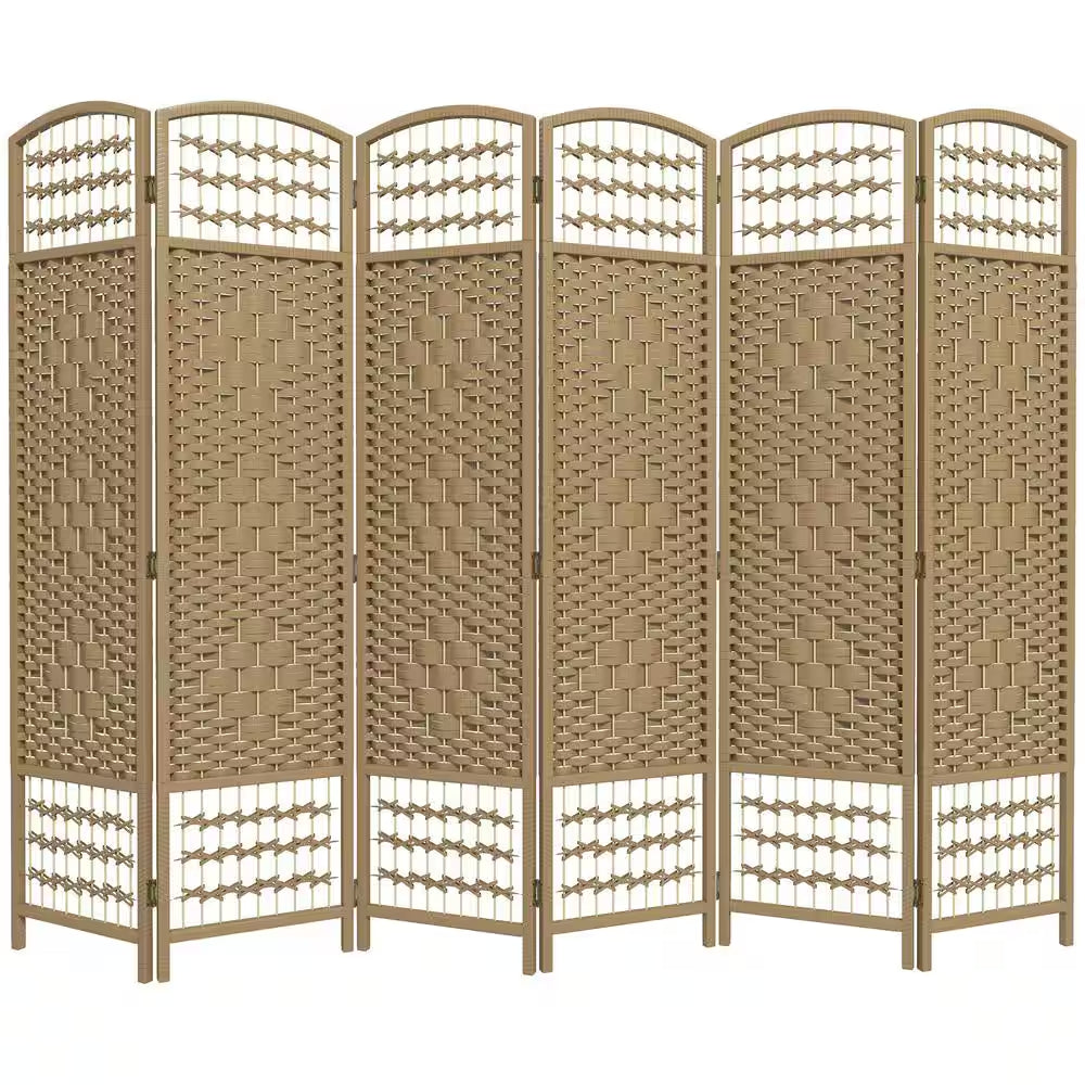 5.6 Ft. Natural Wood Folding Privacy Screen, 6 Panel Room Divider, Wave Fiber Freestanding Partition Wall Divider