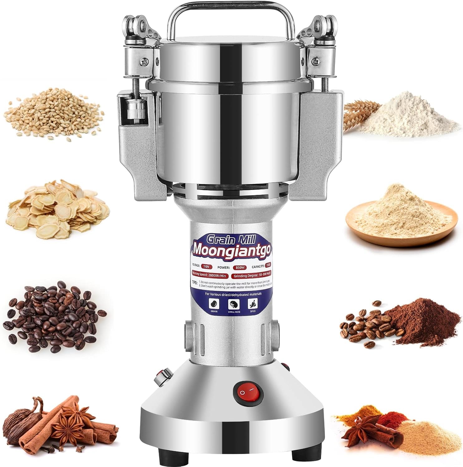 Grain Mill Grinder Electric 150G Commercial Spice Grinder 850W Stainless Steel Pulverizer Dry Grinding Machine for Wheat Corn Rice Pepper Herbs Coffee Beans (150G Upright, 110V)