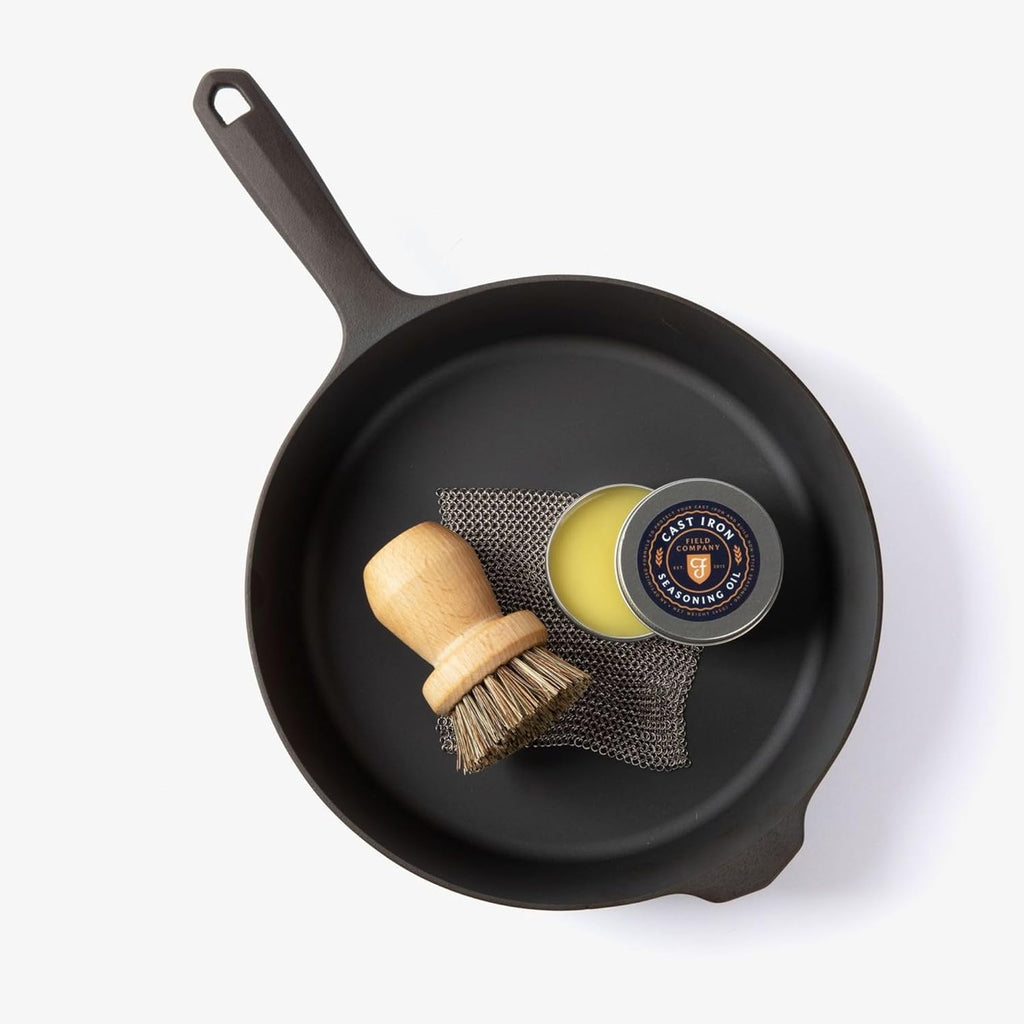 Cast Iron Care Kit – Chain Mail Scrubber, Natural Fiber Brush & Seasoning Oil for Cleaning & Conditioning Cast Iron