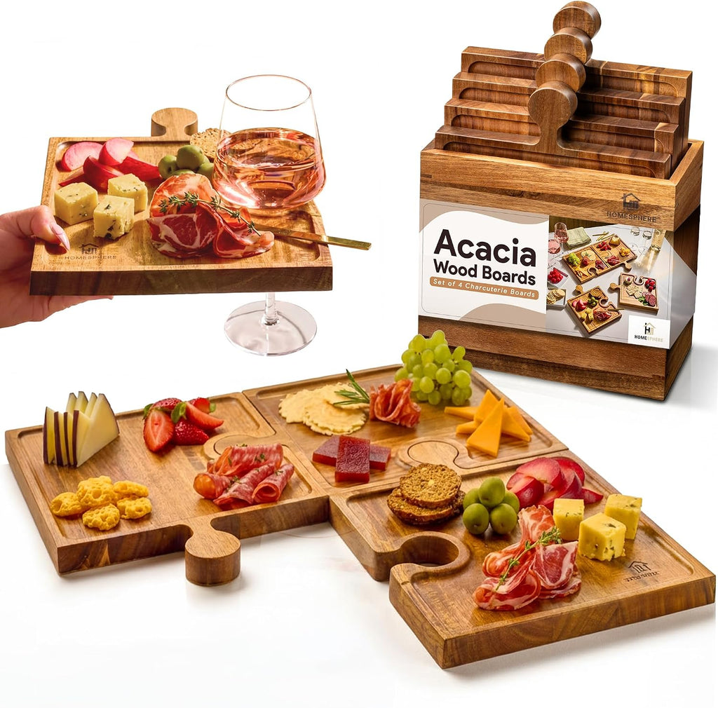 Wooden Charcuterie Boards, Appetizer Tray for Parties & Cutting Board with Handle, Set of 4, Acacia Wood Board, Wine Gifts, Wine Accessories, Interlocking Puzzle Serving Tray W/Storage Box