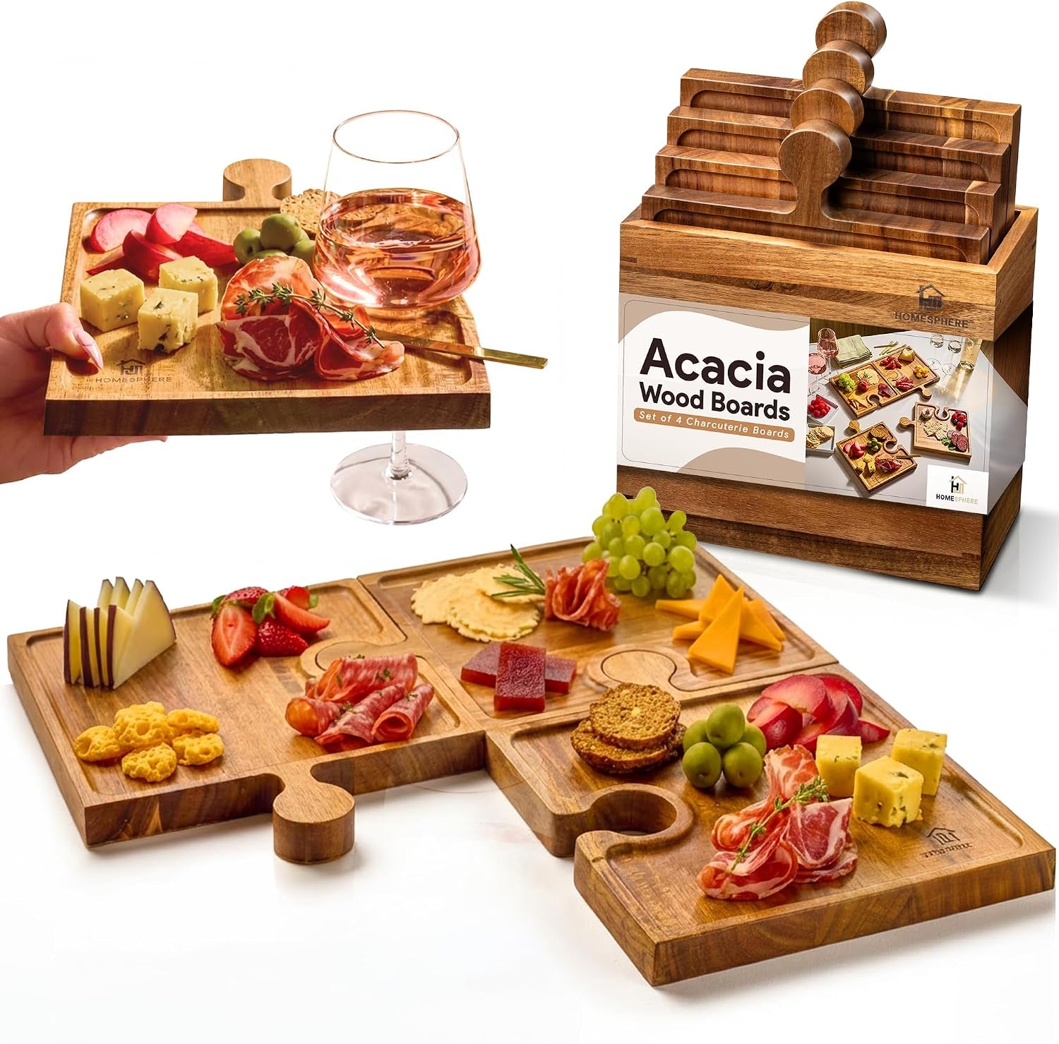 Wooden Charcuterie Boards, Appetizer Tray for Parties & Cutting Board with Handle, Set of 4, Acacia Wood Board, Wine Gifts, Wine Accessories, Interlocking Puzzle Serving Tray W/Storage Box