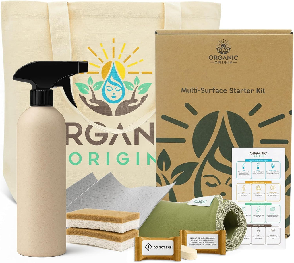 Organic Origin Kitchen Cleaning Supplies Kit - 14 Piece Set with Reusable Paper Towels, Plant-Based Sponges, Swedish Dishcloths, Dish Towels, Cleaner Tablets & Spray Bottle Cleaning Essentials