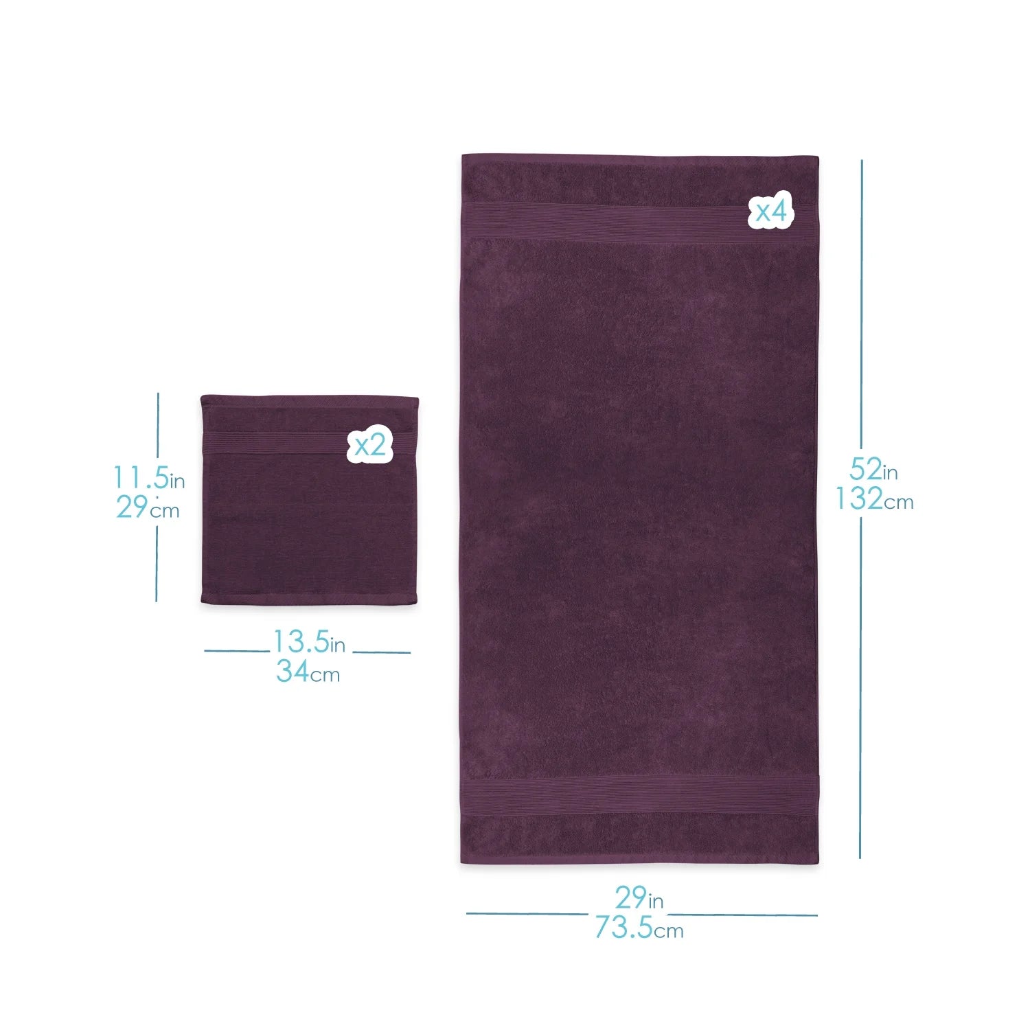 Bath Towel Collection, 100% Cotton Luxury Set of 12 Multipurpose Wash Cloths - Purple