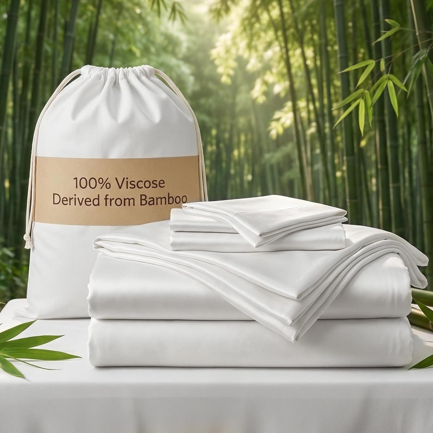 Real 100% Viscose Derived from Bamboo Sheets Set Queen Size, Cooling & Silky Soft for Hot Sleeper, Luxury with Breathable & Moisture Wicking Fabric, 18" Deep Pocket with Corner Straps (White,Queen)
