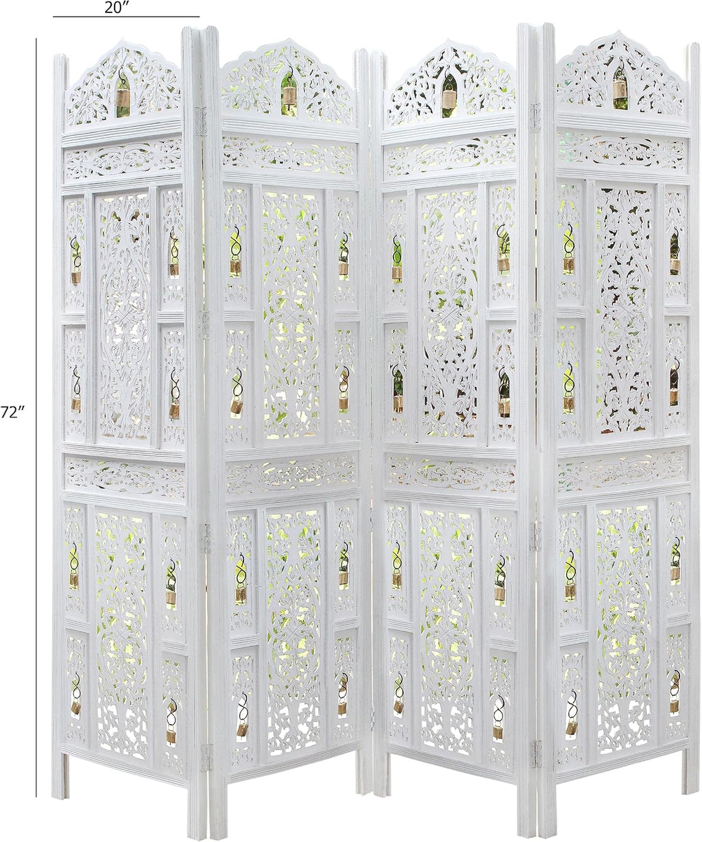 Room Divider Wood Screen - Ghanti Bells Antique White - 4 Panel Folding 72 X 80 - Assembled Hand Carved Decorative Functional Versatile Portable Partition Reversible Privacy Boho -