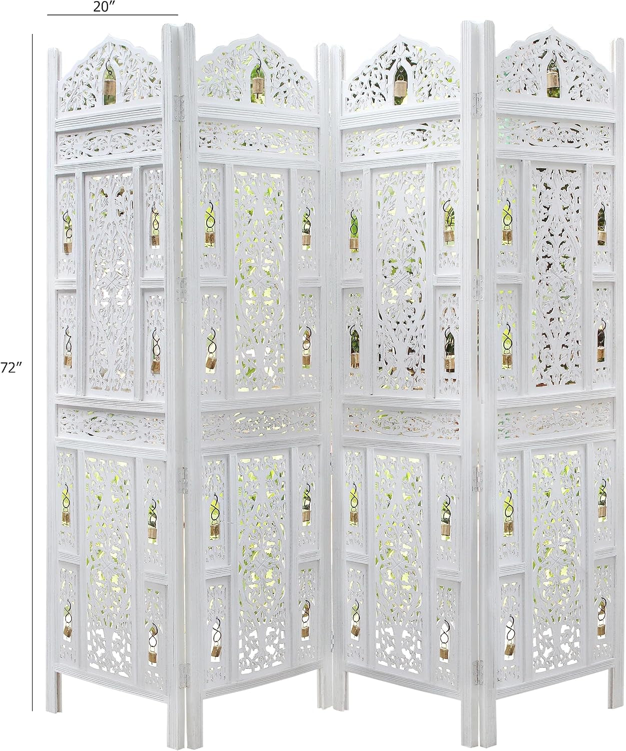 Room Divider Wood Screen - Ghanti Bells Antique White - 4 Panel Folding 72 X 80 - Assembled Hand Carved Decorative Functional Versatile Portable Partition Reversible Privacy Boho -