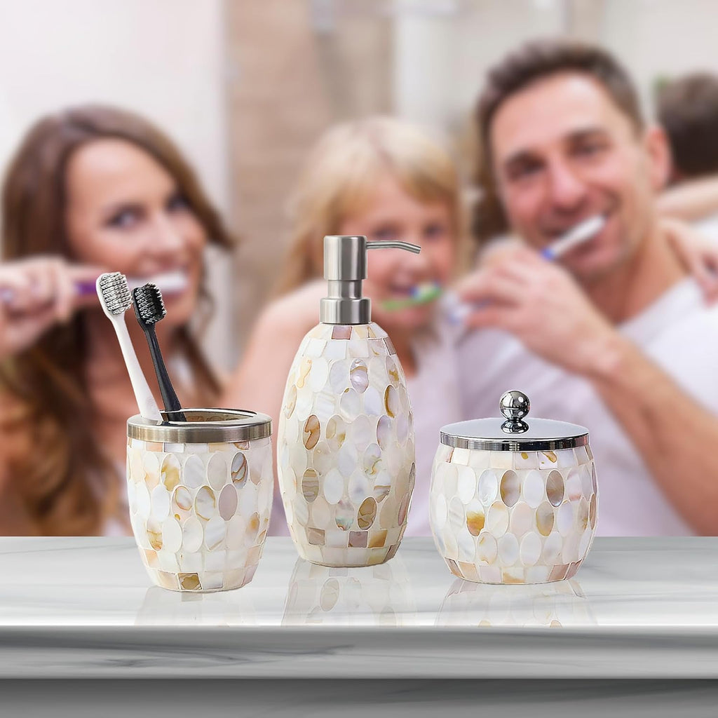 Natural Shell Bathroom Accessories Set 3 Pcs | Handcrafted Mother of Pearl Mosaic Glass Soap Dispenser, Toothbrush Holder, Cotton Jar | Luxury Coastal Bathroom Decor