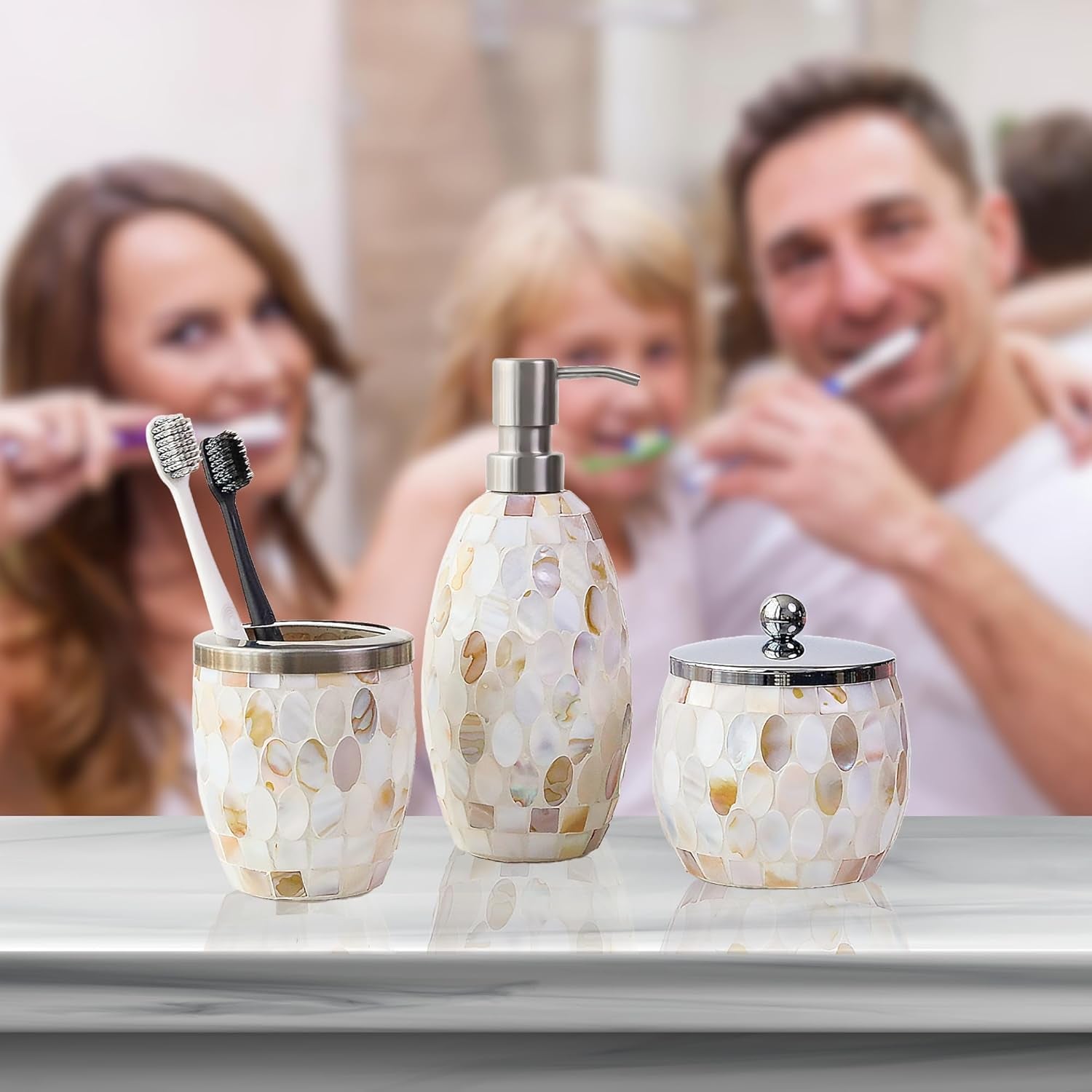 Natural Shell Bathroom Accessories Set 3 Pcs | Handcrafted Mother of Pearl Mosaic Glass Soap Dispenser, Toothbrush Holder, Cotton Jar | Luxury Coastal Bathroom Decor