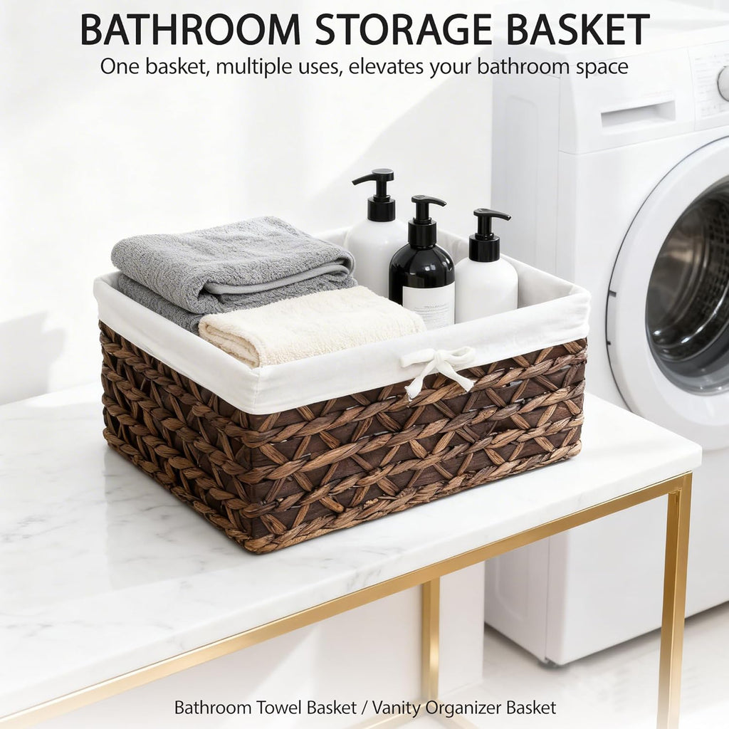 Natural Water Hyacinth Storage Baskets Set of 3 with Metal Frame & Removable Liner, Rectangular Wicker Organizer Bins for Home Bedroom Living Room Bathroom Closet Organization