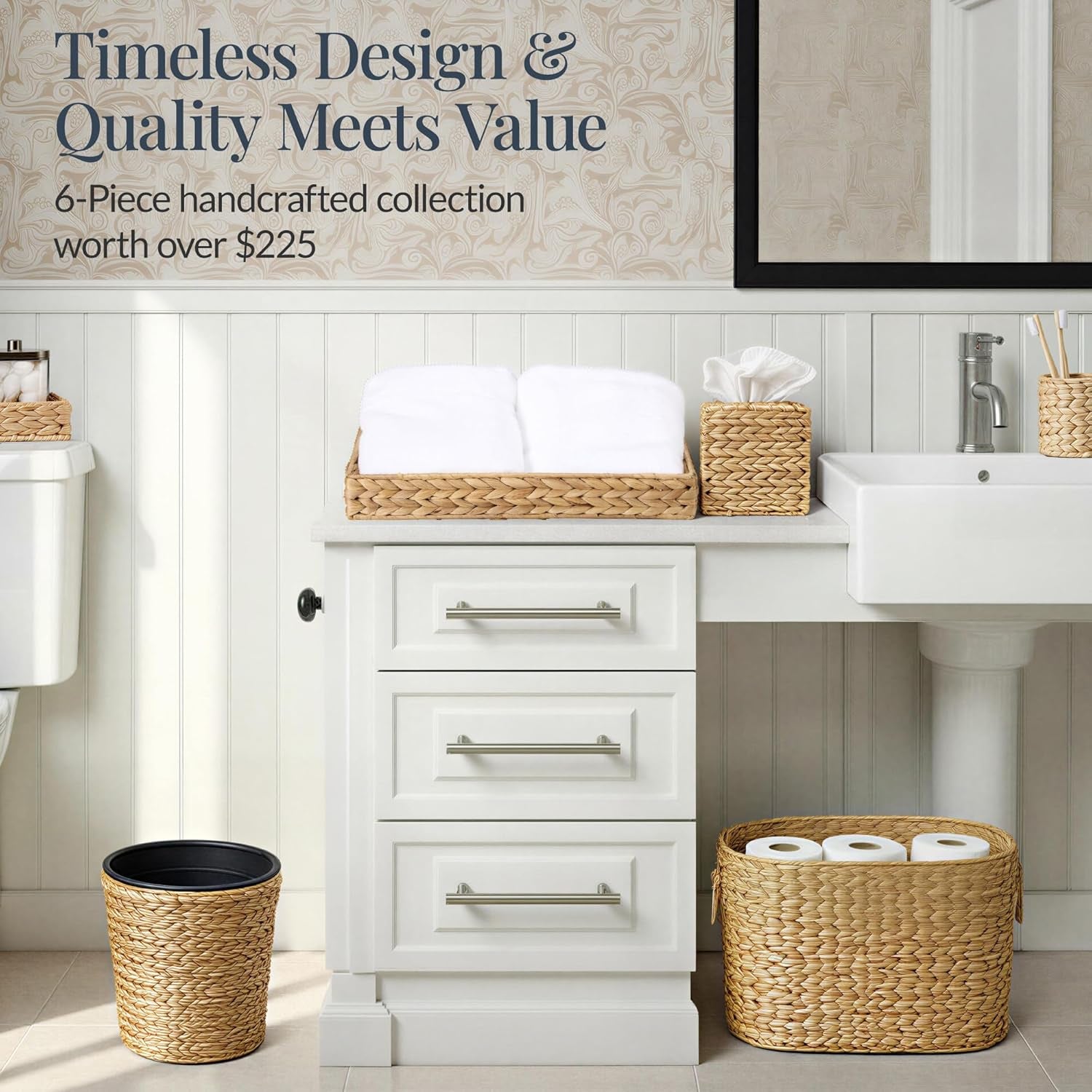 Best Choice Products 6PC Bathroom Accessories Set, Vanity Trays, Qtip Canister, Square Tissue Box Cover, Small Wicker Trash Can, Toilet Paper Basket, Storage Organizer, Water Hyacinth - Natural