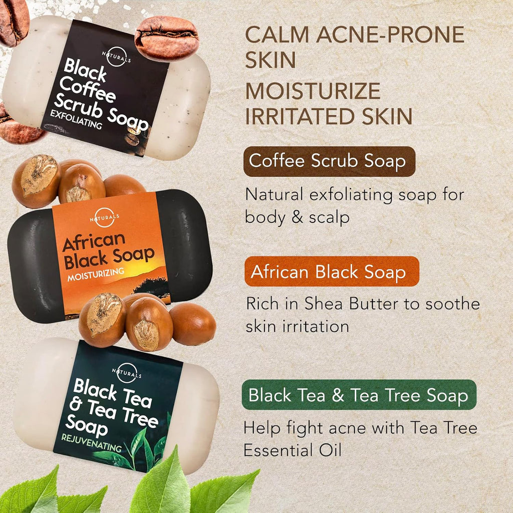 100% Natural Bar Soap - Gift Set - Organic Ingredients & Essential Oils - Spa Gifts for Women & Men, Body Wash & Face Soap - 6PC Black Soap Collection - Mothers Days Gifts