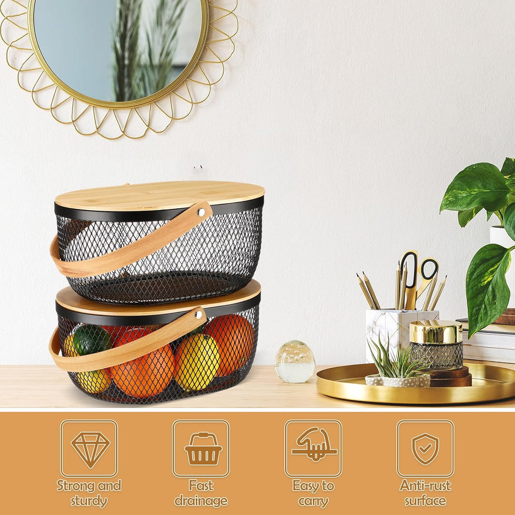 4 Pcs Stackable Metal Mesh Fruit Basket with Lid Oval Wire Mesh Storage Basket with Handle 10 X 7 X 3.9 Inch Stackable Wire Baskets Pantry Organizer for Fruit Vegetable Kitchen, Black