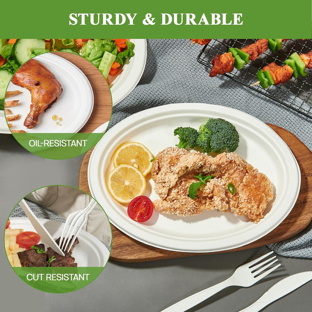 300 Pack 100% Compostable Oval Paper Plates 12 Inch Super Strong Disposable Paper Plates Bagasse Natural Biodegradable Eco-Friendly Sugarcane for BBQ, Party, Dinner, and Picnic