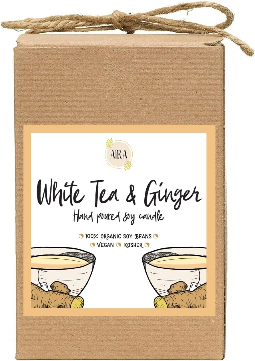 Soy Candles - Organic, Kosher, Vegan, in Mason Jar W/Therapeutic Grade Essential Oil Blends - Hand-Poured 100% Soy Candle Wax - Paraffin Free, Burns 110+ Hours - White Tea & Ginger -16 Ounces