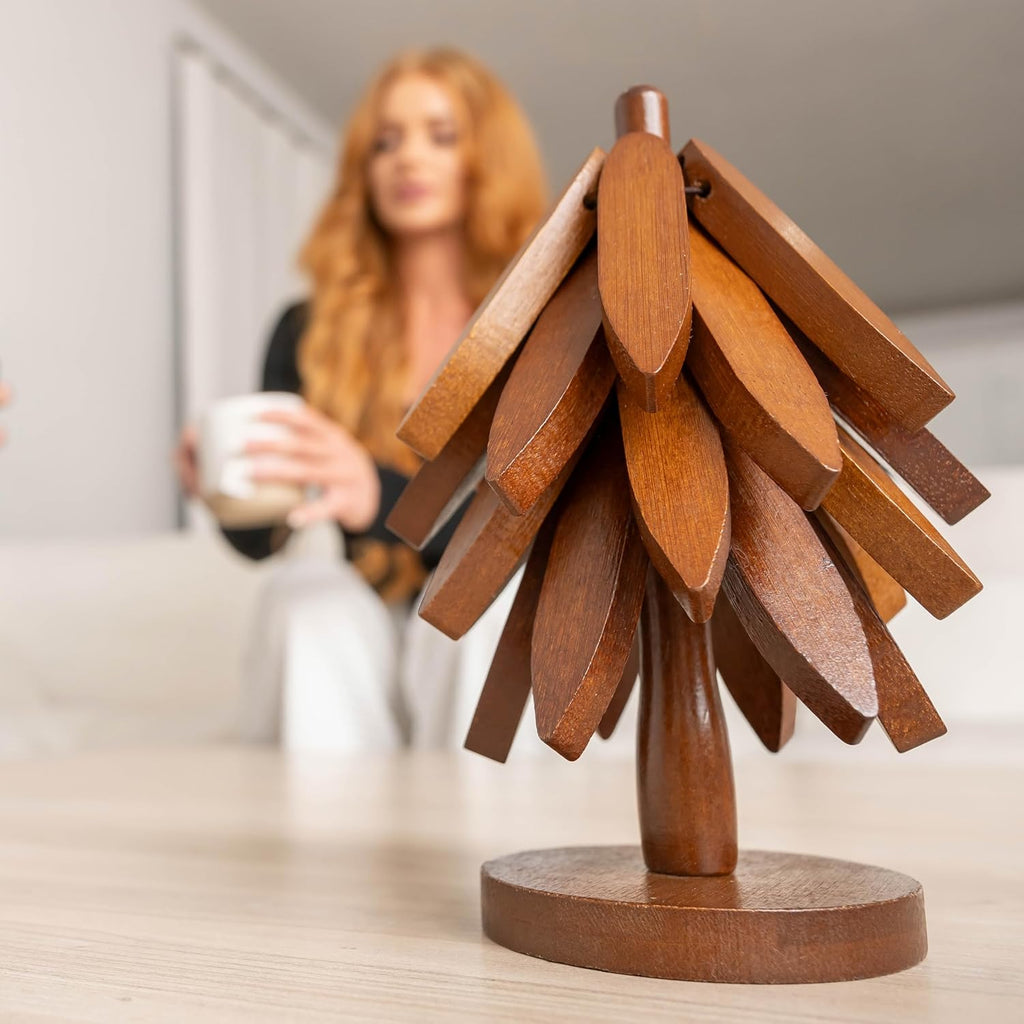 Wooden Trivets for Hot Dishes – Tree Trivet Set with 4 Foldable Wooden Trivets & 1 Stand, Heat-Resistant, Space-Saving Trivet Tree for Pots, Bowls & Teapots (Walnut)