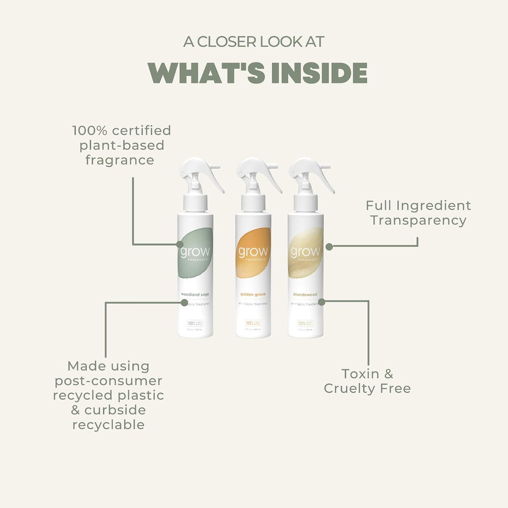 100% Plant-Based Air Freshener Spray | Freshen Fabric & Rooms | Golden Grove, Woodland Sage, Blondewood Scents | Made with Natural Essential Oils - Variety 3 Pack, 5 Oz Each