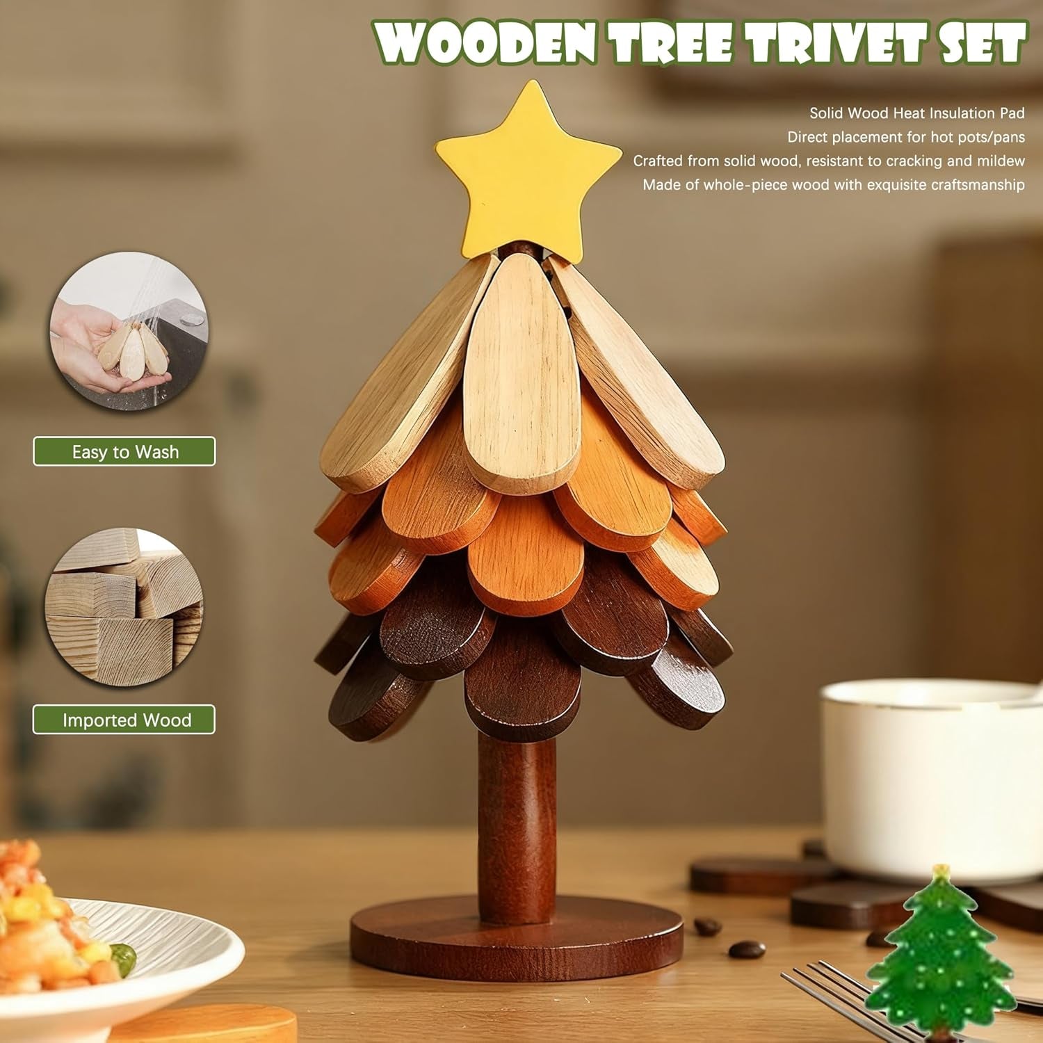 Wooden Christmas Tree Trivet Set of 5 + Stand, Foldable Heat Resistant Wood Mats for Hot Dishes & Pots, Decorative Kitchen Table Countertop Protector, Holiday Home Decor & Housewarming Gift