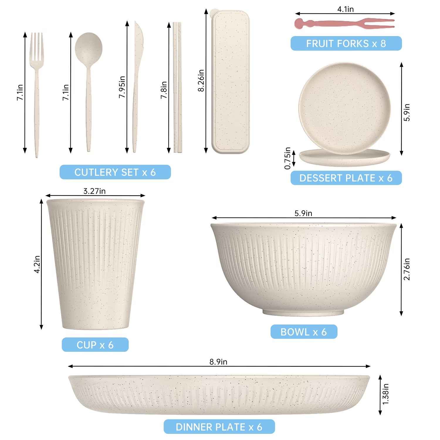 68 Pcs Wheat Straw Dinnerware Sets for 6, Unbreakable Dinnerware Sets, Reusable Wheat Straw Plates and Bowls Sets, Travel Camping Cutlery Set, Dishwasher Microwave Safe Dinnerware, Beige