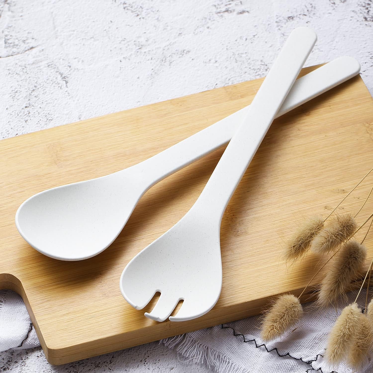 Plant Based Salad Servers Reusable Salad Fork and Spoon Set,Microwave and Dishwasher Safe, Utensils for Christmas,Kitchen,Home,Rv and Camping (White)