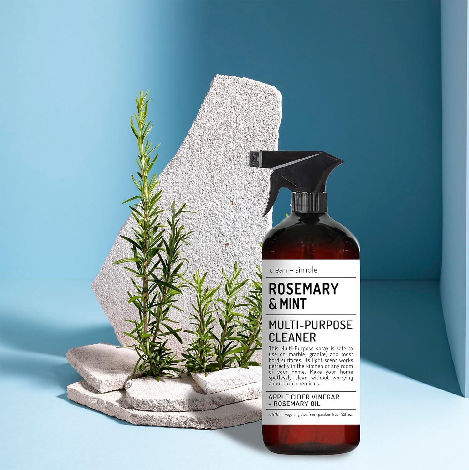 Clean + Simple Multi Purpose Cleaners | with Apple Cider Vineager, Rosemary, and Tea Tree Oil | Set of 4 32Oz Bottles | Home and Body Company