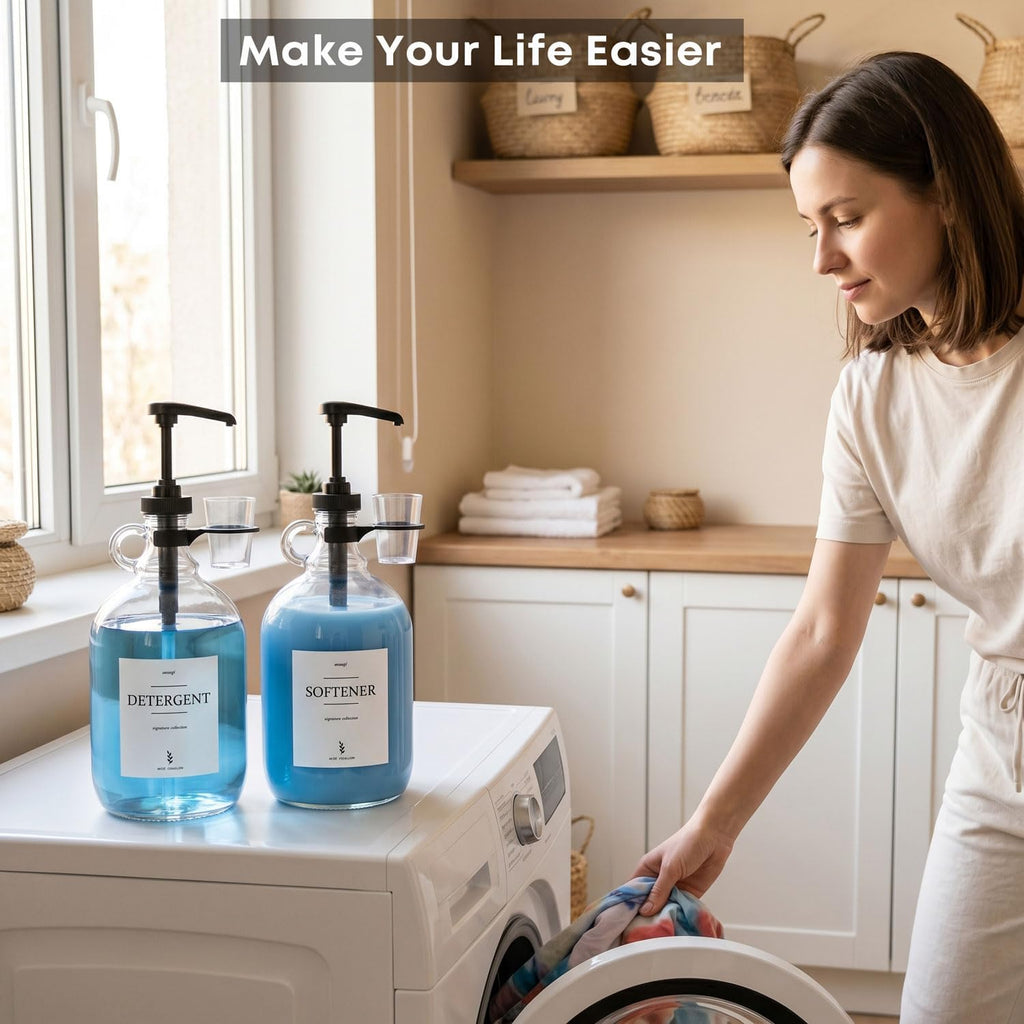 2 Pcs Glass Liquid Laundry Detergent Dispenser with Cup Holders, Half Gallon Dispenser for Laundry Room (64 Oz. Each), Laundry Detergent Bottles with Pump Dispenser - (Black Pumps)