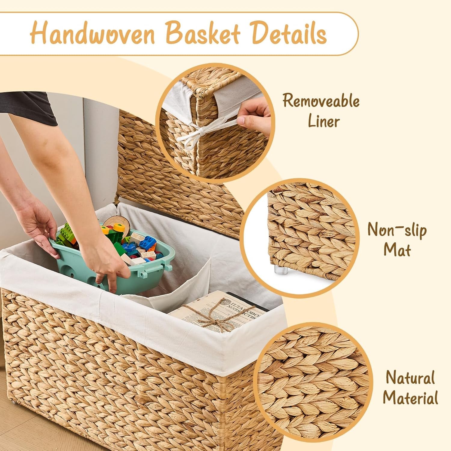 GENHOOM Storage Basket with Lid, Woven Wicker Shelf Basket with Removable Liner, Metal Frame Rattan Storage Trunk with Handle for Laundry, Bedroom, Living Room, Office (Natural, 95L)